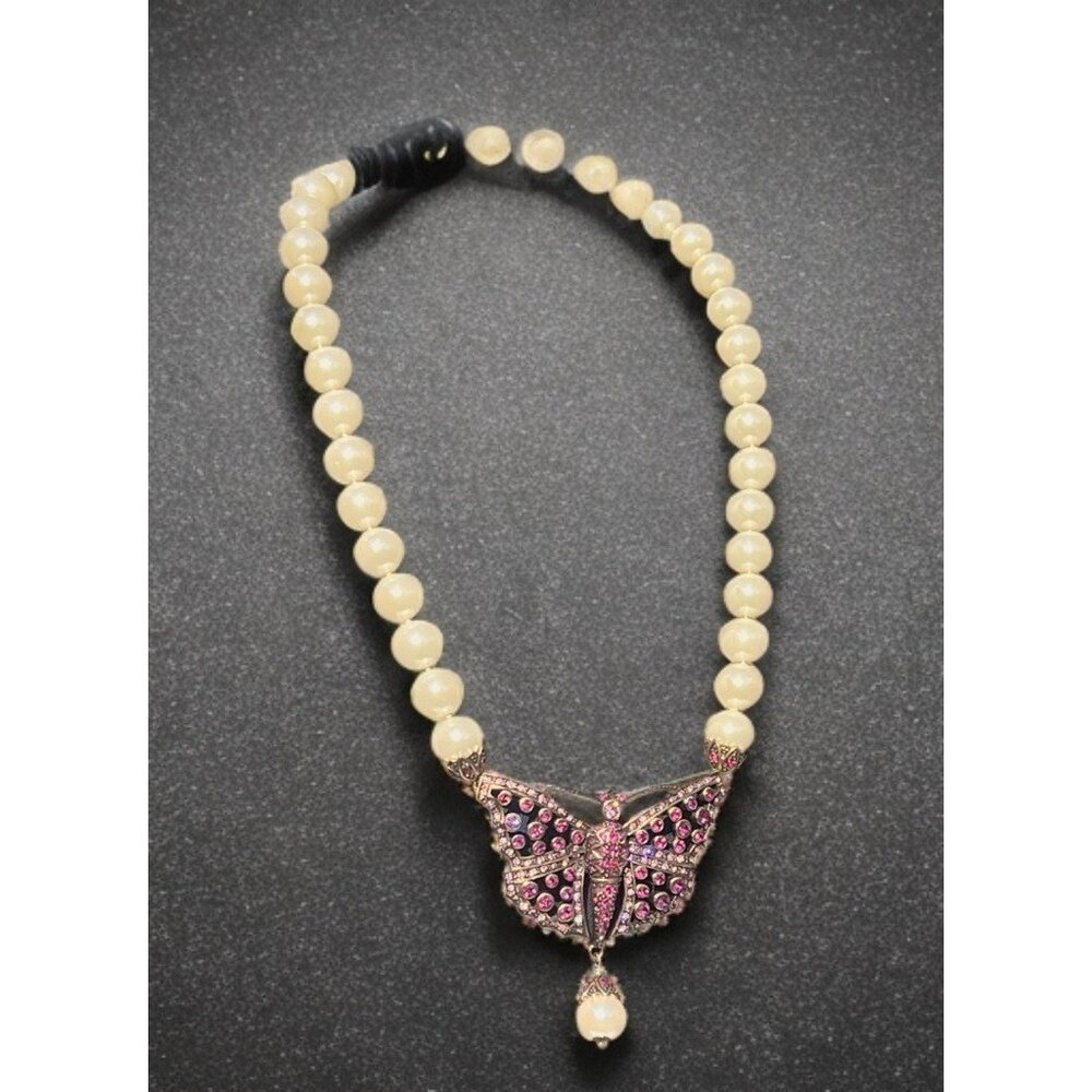 Madame Butterfly Pendant Pearl Necklace With Pink Rhinestones & Gold Accents - Picture 2 of 8